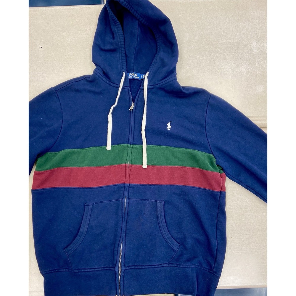 Polo Ralph Lauren Mens L Striped Hoodie Full Zip Sweater  Navy